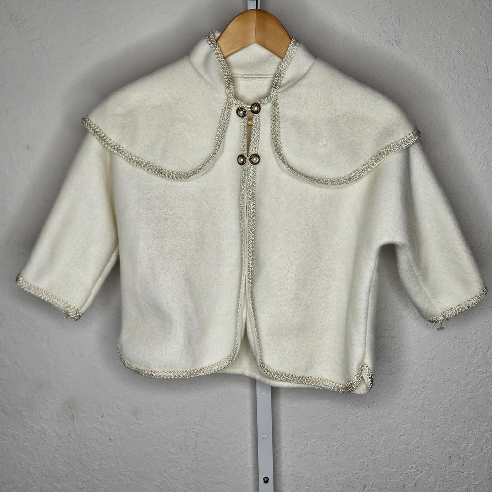 Vintage Girls‎ Ivory Capelet Jacket Lace Trim Pearl Button Formal Size 3 USA